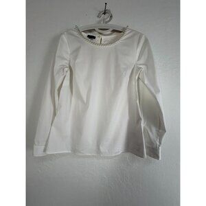 Talbots Womens White Pearl-Necklace Poplin Top Blouse Size P Long Sleeve New $89